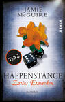 Das Buchcover zeigt eine hellblaue, leicht strukturierte Hintergrundfläche. Im Vordergrund sind zwei schwarze Würfel und eine orangefarbene Blüte platziert, die warm und einladend wirkt. Der Titel „Happenstance – Zartes Erwachen“ ist in eleganter Schrift in der Mitte des Covers positioniert, wobei das Wort „Zartes“ in roter, geschwungener Schrift hervorgehoben ist. Oben links steht der Name der Autorin, „Jamie McGuire“, in klarer, schlichter Typografie. Ein orangefarbener Kreis mit dem Text „Teil 2“ ergänzt die Gestaltung.