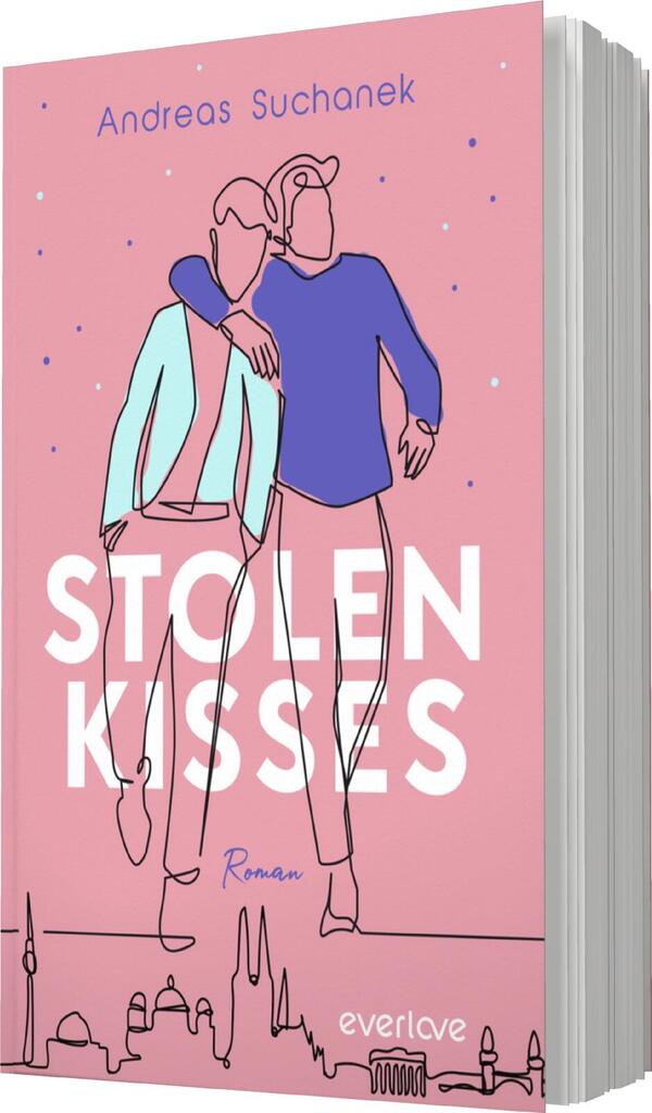 Das Buchcover zeigt eine minimalistische, skizzierte Darstellung von zwei Personen, die eng nebeneinander stehen. Die Figuren sind in sanften Farben gehalten, wobei die linke Figur eine hellblaue Jacke und die rechte einen blauen Pullover trägt. Im Hintergrund ist ein zartes Pink zu sehen, das eine warme Atmosphäre vermittelt. Der Titel „STOLEN KISSES“ ist groß und auffällig in Weiß platziert, während der Zusatz „Roman“ in einer kleineren Schrift darunter steht. Oben befindet sich der Name des Autors „Andreas Suchanek“.