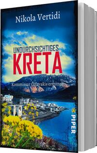 Das Buchcover zeigt eine malerische Landschaft mit blauen Himmel und hügeliger Kulisse. In der Mitte sticht der Titel „UNDURCHSICHTIGES KRETA“ in großen, roten Buchstaben hervor. Darunter steht der Untertitel „Kommissar Galavakis ermittelt“ in kleinerer Schrift. Im Vordergrund sind gelbe Blumen und ein Wasserlauf zu sehen, die dem Cover eine lebendige und einladende Atmosphäre verleihen. Oben steht der Autorenname „Nikola Vertidi“. Die Gestaltung vermittelt einen spannungsgeladenen Kriminalroman.