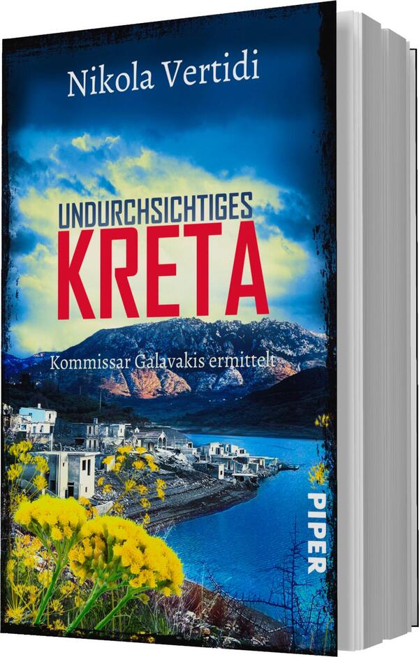 Das Buchcover zeigt eine malerische Landschaft mit blauen Himmel und hügeliger Kulisse. In der Mitte sticht der Titel „UNDURCHSICHTIGES KRETA“ in großen, roten Buchstaben hervor. Darunter steht der Untertitel „Kommissar Galavakis ermittelt“ in kleinerer Schrift. Im Vordergrund sind gelbe Blumen und ein Wasserlauf zu sehen, die dem Cover eine lebendige und einladende Atmosphäre verleihen. Oben steht der Autorenname „Nikola Vertidi“. Die Gestaltung vermittelt einen spannungsgeladenen Kriminalroman.