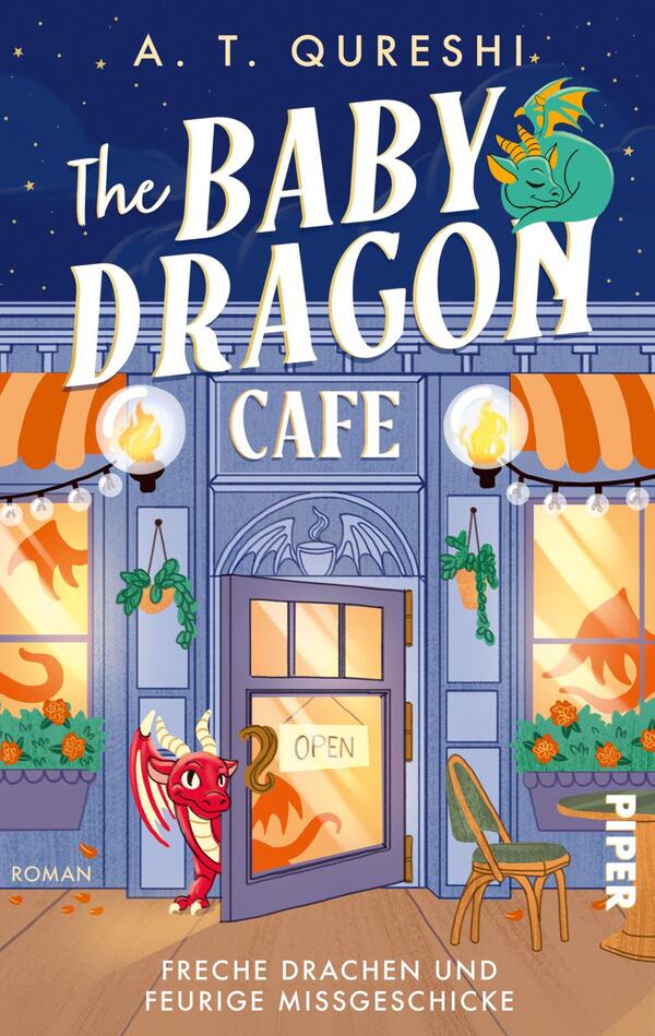 Das Buchcover zeigt ein farbenfrohes Café mit dem Titel „The Baby Dragon Café“ in einer verspielten Schrift. Im Vordergrund steht ein roter Babydrache, der fröhlich lächelt. Die Fassade des Cafés ist in sanften Blau- und Pastelltönen gehalten, mit orangefarbenen Vorhängen und Laternen, die eine einladende Atmosphäre schaffen. Über der Eingangstür prangt ein „OPEN“-Schild. Der Autor A. T. Qureshi ist im oberen Bereich des Covers vermerkt.
