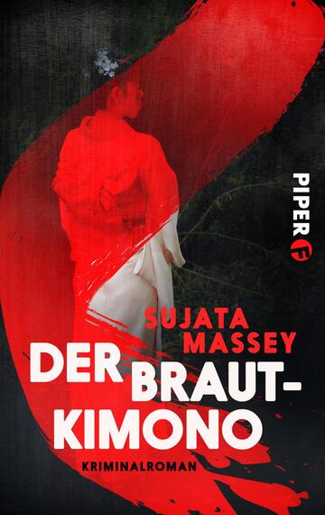 Das Buchcover zeigt eine verträumte, asiatisch gekleidete Figur mit einem roten Kimono vor einem dunklen, verschwommenen Hintergrund. Ein kräftiger roter Pinselstrich zieht sich diagonal über das Cover und betont die zentrale Figur. Der Titel „DER BRAUTKIMONO“ ist in großen, weißen Buchstaben unter dem Autorennamen „SUJATA MASSEY“ platziert. Oben rechts befindet sich das Verlagslogo „PIPER“. Die Farbkombination schafft eine geheimnisvolle, spannende Atmosphäre, die zum Genre des Kriminalromans passt.