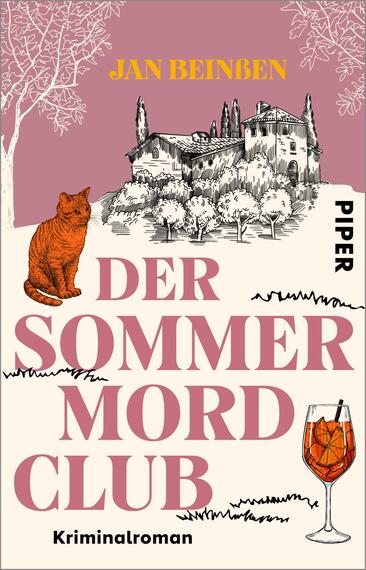 Das Buchcover zeigt eine malerische Landschaft mit einem alten, zweigeschossigen Haus, umgeben von Bäumen und einer Katze in leuchtendem Orange im Vordergrund. Der Hintergrund ist in sanften Rosa- und Beigetönen gehalten. In großen, pinken Buchstaben steht der Titel „DER SOMMERMORD CLUB“ mittig auf dem Cover. Darunter befindet sich das Wort „Kriminalroman“ in kleinerer Schrift. Ein Glas mit einem orangefarbenen Getränk ergänzt die Darstellung. Der Name des Autors, Jan Beinßen, ist am oberen Rand platziert.