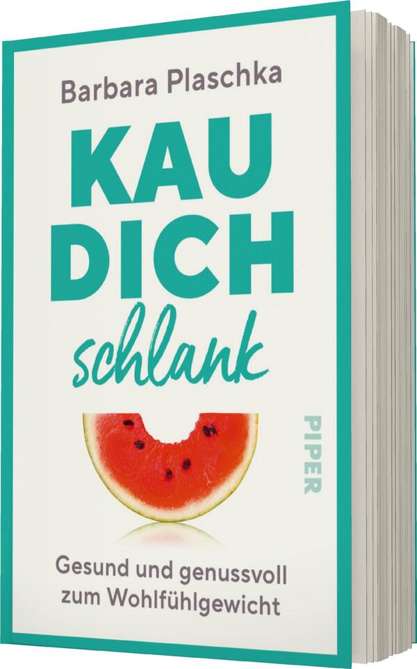 Das Buchcover zeigt einen hellen, türkisfarbenen Hintergrund. Oben steht der Name der Autorin „Barbara Plaschka“ in grauen Großbuchstaben. Der Titel „KAU DICH schlank“ ist zentral platziert, wobei „KAU DICH“ in kräftigem Grün und „schlank“ in einer verspielten, blauen Schriftart gestaltet ist. Darunter befindet sich eine halbe Wassermelone, die als grafisches Element dient. Am unteren Rand steht der Untertitel „Gesund und genussvoll zum Wohlfühlgewicht“ in schlichter, grauer Schrift. Das Verlagslogo „PIPER“ ist am rechten Rand in hellem Türkis zu sehen.
