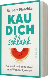 Das Buchcover zeigt einen hellen, türkisfarbenen Hintergrund. Oben steht der Name der Autorin „Barbara Plaschka“ in grauen Großbuchstaben. Der Titel „KAU DICH schlank“ ist zentral platziert, wobei „KAU DICH“ in kräftigem Grün und „schlank“ in einer verspielten, blauen Schriftart gestaltet ist. Darunter befindet sich eine halbe Wassermelone, die als grafisches Element dient. Am unteren Rand steht der Untertitel „Gesund und genussvoll zum Wohlfühlgewicht“ in schlichter, grauer Schrift. Das Verlagslogo „PIPER“ ist am rechten Rand in hellem Türkis zu sehen.