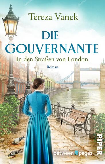 Das Buchcover zeigt eine von hinten gezeigte Gouvernante in einem knöchellangen, taillierten blau‑türkisfarbenen Kleid, die an einer gepflasterten Uferpromenade des Themseufers steht; links Straßenlaternen und Bänke, im Hintergrund die Tower Bridge. Farbgebung in soften Blau‑ und Türkistönen mit warmem Licht. Titel „Die Gouvernante“ groß in dunkelblauer Serifenschrift, Untertitel „In den Straßen von London“, Autorennamen „Tereza Vanek“ oben in grüner Serifenschrift. Atmosphärisch ruhig und nostalgisch.