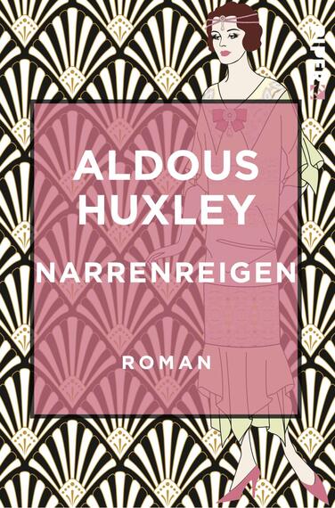 Das Buchcover zeigt eine stilisierte Abbildung einer Frau in hellen Farben mit roten Akzenten, die an einen glamourösen Stil der 1920er Jahre erinnert. Der Hintergrund ist glänzend schwarz mit einem ornamentalen Muster in Gold und Beige, das an Art Déco erinnert. Zentral sind der Titel „Narrenregen“ und der Autorennamen „Aldous Huxley“ in großen, klaren Schriftarten gestaltet. Die Atmosphäre wirkt nostalgisch und elegant, ansprechend für Liebhaber klassischer Literatur.