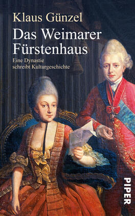 Das Buchcover zeigt eine historische Darstellung von zwei aristokratischen Figuren in prächtigen, historischen Kleidern. Die Farbpalette umfasst sanfte Pastelltöne mit dominierenden Blau- und Rottönen. Der Titel „Das Weimarer Fürstenhaus“ von Klaus Günzel ist in eleganter, heller Schrift oben platziert, während der Untertitel „Eine Dynastie schreibt Kulturgeschichte“ in kleinerer Schrift darunter steht. Die Gesamtatmosphäre ist nostalgisch und vermittelt das Gefühl von kulturellem Erbe und Geschichte.
