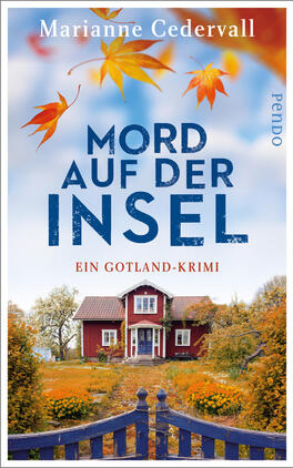 Das Buchcover zeigt ein rotes Holzhäuschen umgeben von buntem Laub und frisch erblühten Bäumen, auf einer malerischen Insel. Der Himmel strahlt in sanftem Blau. In großen, auffälligen Buchstaben steht der Titel „MORD AUF DER INSEL“ in Dunkelblau, darüber der Name der Autorin „Marianne Cedervall“ in einer schlichten Schrift. Unten ist der Untertitel „Ein Gotland-Krimi“ in kleinerer Schriftgröße platziert. Die Gesamtatmosphäre wirkt einladend und geheimnisvoll zugleich.