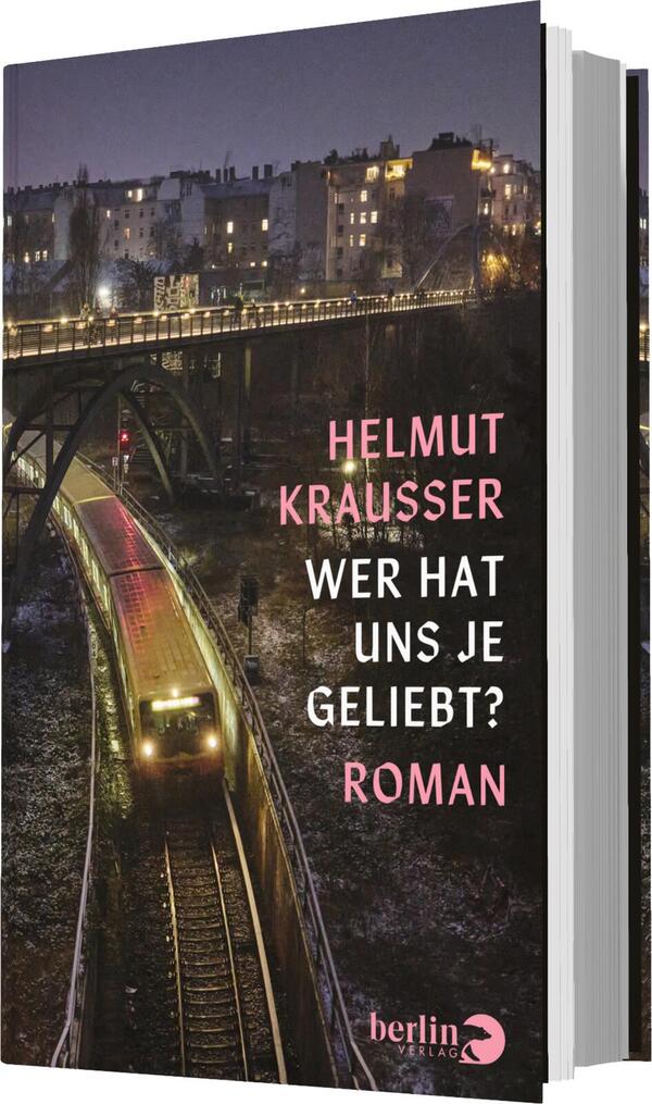 Das Buchcover zeigt eine nächtliche Stadtlandschaft mit einer beleuchteten Brücke im Hintergrund und einem Zug, der auf den Schienen fährt. Dominierende Farben sind dunkle Töne mit leuchtendem Pink für den Titel. Der Schriftzug „HELMT KRAUSSER“ ist in pinker Schrift oben platziert, gefolgt vom Titel „WER HAT UNS JE GELIEBT?“ in großer, fetter Schrift. Unten steht das Wort „ROMAN“ in pink. Das Cover vermittelt eine melancholische und nachdenkliche Atmosphäre.