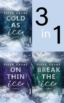 Das Buchcover zeigt einen strukturierten Hintergrund in verschiedenen kühlen Blautönen, der an Eis erinnert. In der oberen linken Ecke steht der Titel „COLD AS ICE“ in silberner Schrift, darunter der Text „ROMAN“. Die unteren zwei Teilcover zeigen die Titel „ON THIN ICE“ und „BREAK THE ICE“, jeweils in ähnlicher Typografie und Farbgestaltung. In der oberen rechten Ecke ist der Text „3 in 1“ in einer großen, schwarzen Schrift platziert.