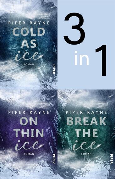 Das Buchcover zeigt einen strukturierten Hintergrund in verschiedenen kühlen Blautönen, der an Eis erinnert. In der oberen linken Ecke steht der Titel „COLD AS ICE“ in silberner Schrift, darunter der Text „ROMAN“. Die unteren zwei Teilcover zeigen die Titel „ON THIN ICE“ und „BREAK THE ICE“, jeweils in ähnlicher Typografie und Farbgestaltung. In der oberen rechten Ecke ist der Text „3 in 1“ in einer großen, schwarzen Schrift platziert.