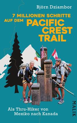 Das Buchcover zeigt zwei Thru-Hiker, die auf dem Pacific Crest Trail stehen. Im Hintergrund sind stilisierte Tannen und farbige Landesflaggen zu sehen. Der Titel „7 Millionen Schritte auf dem PACIFIC CREST TRAIL“ ist in auffälliger, gelber Schrift platziert und hebt sich deutlich vom blauen Hintergrund ab. Der Autor Björn Dziambor ist ebenfalls prominent in der oberen Ecke abgebildet. Unten findet sich der Zusatz „Als Thru-Hiker von Mexiko nach Kanada“ in schlichter, weißer Schrift.