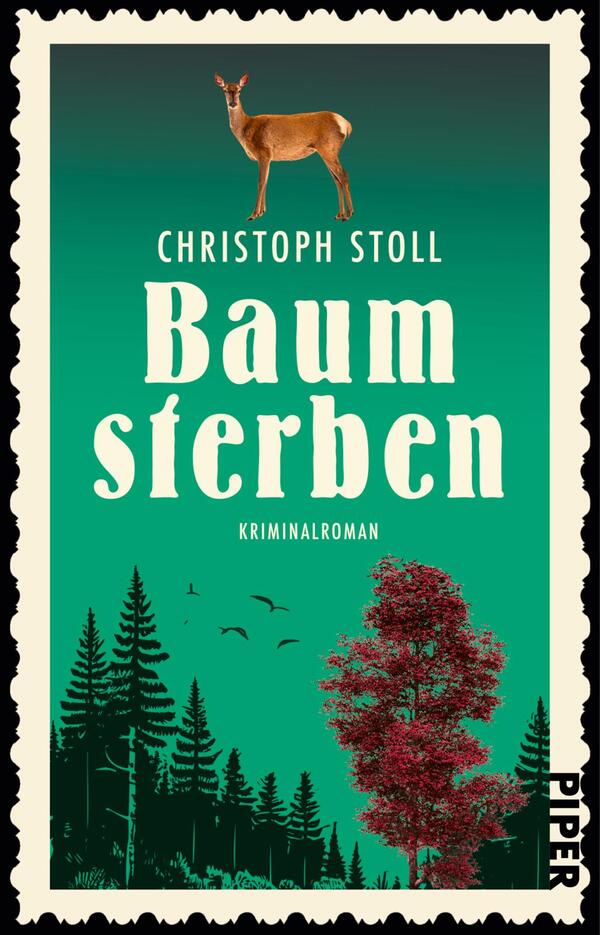 Das Buchcover zeigt einen grünlichen Farbverlauf, der von einem hellen oberen Bereich zu einem dunkleren unteren Bereich übergeht. In der Mitte erhebt sich der Titel „Baumsterben“ in großen, weißen Buchstaben, unter dem sich der Zusatz „Kriminalroman“ in einer kleineren Schrift befindet. Oben ist ein Reh abgebildet, das auf einem stilisierten Baumsilhouette steht. Am unteren Rand ragen stilisierte Tannen und ein dunkelroter Baum hervor, die dem Cover eine geheimnisvolle Atmosphäre verleihen. Der Autor Christoph Stoll ist prominent über dem Titel platziert.
