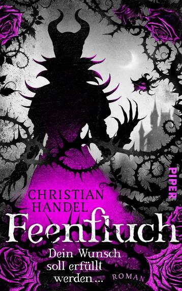 Das Buchcover zeigt eine mysteriöse, schattenhafte Gestalt mit einem eindrucksvollen Geweih, umgeben von filigranen, schwarzen Ranken und stilisierten Rosen. Der Hintergrund ist in kraftvollem Schwarz und Violett gehalten, was eine düstere Atmosphäre schafft. Der Titel „Feenfluch“ steht in einer markanten, verschnörkelten Schrift in Weiß, während der Untertitel „Dein Wunsch soll erfüllt werden…“ ebenfalls in Weiß, jedoch weniger auffällig, platziert ist. Der Autor Christian Handel ist in dünnerer Schrift über dem Titel in Schwarz zu sehen.