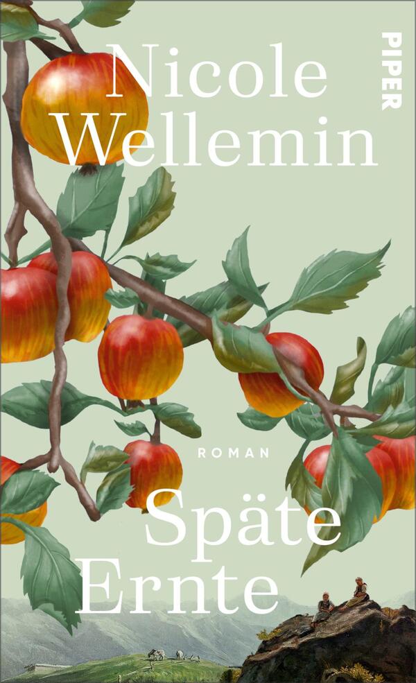 Das Buchcover zeigt eine illustration von Äpfeln an einem Baumstamm mit grünen Blättern auf dezentem, mintgrünem Hintergrund. Die Äpfel sind in verschiedenen Rottönen gehalten, was einen frischen und einladenden Eindruck vermittelt. Der Titel „Späte Ernte“ ist in großen, weißen Buchstaben platziert, während der Name der Autorin „Nicole Wellemin“ oben rechts in kleinerer Schriftart erscheint. Der Verlag „PIPER“ ist ebenfalls in Weiß oben links gedruckt.