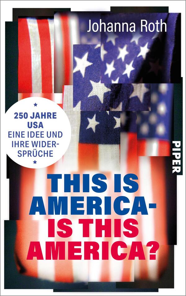 Das Buchcover zeigt eine Collage aus verschiedenen Motiven der amerikanischen Flagge, gekrönt von einem dunklen Hintergrund. Farblich dominieren Rot, Weiß und Blau, die für den amerikanischen Patriotismus stehen. Der Buchtitel „THIS IS AMERICA- IS THIS AMERICA?“ ist in großen, kräftigen Buchstaben in Blau und Rot hervorgehoben. Oben auf dem Cover befindet sich ein halbkreisförmiger Textbanner in Weiß mit blauen und roten Sternen, der die Worte „250 JAHRE USA EINE IDEE UND IHRE WIDERSPRUCH“ trägt.