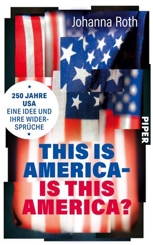 Das Buchcover zeigt eine Collage aus verschiedenen Motiven der amerikanischen Flagge, gekrönt von einem dunklen Hintergrund. Farblich dominieren Rot, Weiß und Blau, die für den amerikanischen Patriotismus stehen. Der Buchtitel „THIS IS AMERICA- IS THIS AMERICA?“ ist in großen, kräftigen Buchstaben in Blau und Rot hervorgehoben. Oben auf dem Cover befindet sich ein halbkreisförmiger Textbanner in Weiß mit blauen und roten Sternen, der die Worte „250 JAHRE USA EINE IDEE UND IHRE WIDERSPRUCH“ trägt.