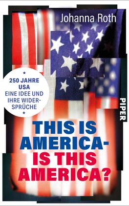 Das Buchcover zeigt eine Collage aus verschiedenen Motiven der amerikanischen Flagge, gekrönt von einem dunklen Hintergrund. Farblich dominieren Rot, Weiß und Blau, die für den amerikanischen Patriotismus stehen. Der Buchtitel „THIS IS AMERICA- IS THIS AMERICA?“ ist in großen, kräftigen Buchstaben in Blau und Rot hervorgehoben. Oben auf dem Cover befindet sich ein halbkreisförmiger Textbanner in Weiß mit blauen und roten Sternen, der die Worte „250 JAHRE USA EINE IDEE UND IHRE WIDERSPRUCH“ trägt.