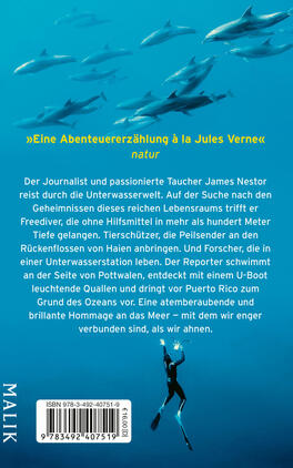 Das Buchcover zeigt eine in blaues Licht getauchte Unterwasseraufnahme mit einer aufwärts schwimmenden Person im Zentrum, Lichtstrahlen fallen von oben. Großes, hellblaues Titelmotiv „DEEP SEA“; darüber in Gelb der Autorname „JAMES NESTOR“. Unten gelber Untertitel „EINE REISE ZUM GRUND DES OZEANS“. Rechts aufgeklebter orange-gelber Hinweisbutton „SPIEGEL-Bestseller-Autor“ mit kleinem Buchabbild und dem Text „BREATH ATEM“. Atmosphäre: geheimnisvoll, tiefenmeerlich.