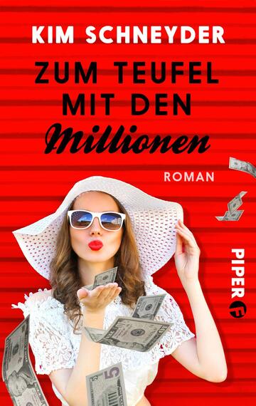 Das Buchcover zeigt eine Frau mit Sonnenhut und Sonnenbrille, die einen selbstbewussten Gesichtsausdruck hat. Sie trägt ein weißes Oberteil und hält Geldscheine in der Hand. Der Hintergrund ist in kräftigem Rot mit horizontalen Streifen gestaltet. Der Titel „ZUM TEUFEL MIT DEN MILLIONEN“ ist in auffälliger, schwarzer Schrift zentral platziert, während das Wort „ROMAN“ in kleinerer Schrift darunter steht. Der Autorenname „KIM SCHNEYDER“ ist oben auf dem Cover in rot hervorgehoben.