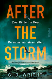 Das Buchcover zeigt großflächig den Titel „AFTER THE STORM“ in kräftigem Orange auf sturmgrünem bis dunkelblauem Himmel. In Weiß erscheinen die Zeilen „Zwei Kinder im Meer.“ und „Du kannst nur eines retten.“ Möwen fliegen über aufgewühlter See mit Gischt und schwarzen Felsen im Vordergrund. Der Eindruck ist dramatisch und bedrohlich. Unten stehen der Autorname G. D. Wright und ein kleiner Lobtext von Claire Douglas.
