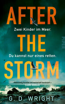 After the Storm – Zwei Kinder im Meer. Du kannst nur eines retten. Das Buchcover zeigt großflächig den Titel „AFTER THE STORM“ in kräftigem Orange auf sturmgrünem bis dunkelblauem Himmel. In Weiß erscheinen die Zeilen „Zwei Kinder im Meer.“ und „Du kannst nur eines retten.“ Möwen fliegen über aufgewühlter See mit Gischt und schwarzen Felsen im Vordergrund. Der Eindruck ist dramatisch und bedrohlich. Unten stehen der Autorname G. D. Wright und ein kleiner Lobtext von Claire Douglas.