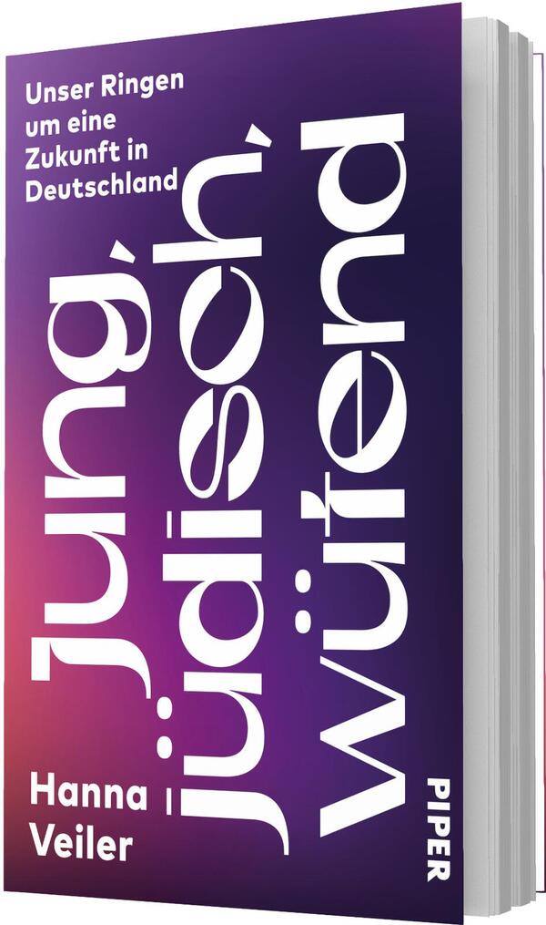 Das Buchcover zeigt einen hochformatigen Umschlag mit kräftigem Verlauf von Magenta zu dunklem Violett. Großformatig, weiß gesetzte Titelworte „Jung, jüdisch, wütend“ laufen vertikal über die Fläche, oben links in kleinerer weißer Schrift der Untertitel „Unser Ringen um eine Zukunft in Deutschland“. Autorin „Hanna Veiler“ erscheint unten links in Weiß. Die Gestaltung wirkt drängend, klar und konfrontativ.