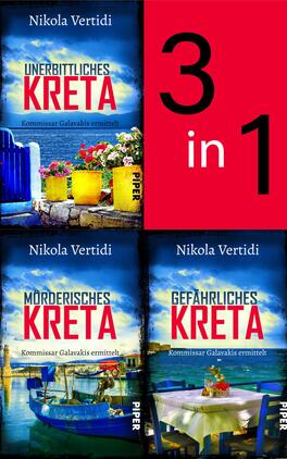 Bundle: Griechenland-Krimis Band 1-3 Das Buchcover zeigt eine ansprechende Komposition von drei Kriminalromanen von Nikola Vertidi, die sich um „Kommissar Galavakis“ drehen. Oben ist der Titel „Unerbittliches Kreta“ in roter Schrift auf blauem Hintergrund platziert, gefolgt von einer malerischen Küstenlandschaft mit blauen und gelben Farben, die florale Elemente betont. Die zwei unteren Cover zeigen die Titel „Mörderisches Kreta“ und „Gefährliches Kreta“, ebenfalls mit maritimen Motiven. Rechts ist eine rote Fläche mit dem Text „3 in 1“ zu sehen.