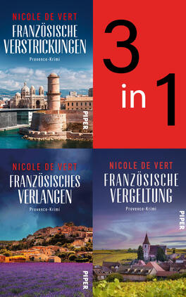 Das Buchcover zeigt vier Felder: oben links eine Küstenaufnahme mit Festungsbauwerk und blauem Himmel, oben rechts ein rotes Quadrat mit großem schwarzen 3, weißem „in“ und schwarzer 1. Unten links violette Lavendelfelder vor einem provenzalischen Dorf, unten rechts ein Dorf mit Kirche und Weinbergen bei Abendlicht. Der Name Nicole de Vert erscheint in roter Schrift; die Titelschriften sind hohe, weiße Großbuchstaben. Stimmung: ländlich-provenzalisch, leicht spannungsgeladen.