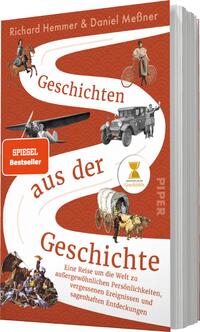 Das Buchcover zeigt einen lebhaften, orangefarbenen Hintergrund mit verschiedenen historischen Motiven, darunter ein Flugzeug, ein altes Automobil und Personen in historischen Kostümen. Über dem Bild vermittelt der Titel „Geschichten aus der Geschichte“ in prägnanter, weißer Schrift eine auffällige Präsenz. Ein rotes Feld mit dem Hinweis „SPIEGEL Bestseller“ verstärkt die Bedeutung des Werks. Unterhalb des Titels befindet sich eine goldene Sanduhr, die den thematischen Fokus auf Zeit und Geschichte symbolisiert.