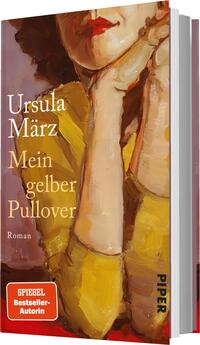 Das Buchcover zeigt eine stilisierte, gemäldeartige Darstellung einer Frau mit roten Lippen, die leicht den Kopf zur Seite neigt. Sie trägt einen hellgelben Pullover, der prominent im Bild zu sehen ist. Der Hintergrund ist in warmen Erdtönen gehalten. Der Titel „Mein gelber Pullover“ und der Name der Autorin „Ursula März“ sind in eleganter, feiner Schrift auf der linken Seite platziert. Das Cover vermittelt eine gemütliche und nachdenkliche Atmosphäre.