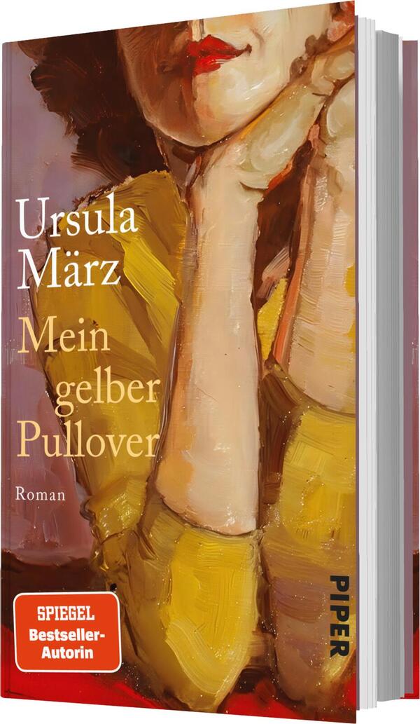 Das Buchcover zeigt eine stilisierte, gemäldeartige Darstellung einer Frau mit roten Lippen, die leicht den Kopf zur Seite neigt. Sie trägt einen hellgelben Pullover, der prominent im Bild zu sehen ist. Der Hintergrund ist in warmen Erdtönen gehalten. Der Titel „Mein gelber Pullover“ und der Name der Autorin „Ursula März“ sind in eleganter, feiner Schrift auf der linken Seite platziert. Das Cover vermittelt eine gemütliche und nachdenkliche Atmosphäre.