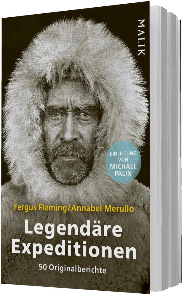 Das Buchcover zeigt ein eindrucksvolles, sepiafarbenes Portrait eines Mannes mit einem dichten, weißen Pelzmantel und einem ernsthaften Gesichtsausdruck. Der Hintergrund ist schlicht und hebt die Gesichtszüge des Abgebildeten hervor. Oben links steht der Titel „Legendäre Expeditionen“ in großer, fester Schrift. Darunter sind die Namen der Autoren, Fergus Fleming und Annabel Merullo, aufgelistet. Unten wird der Zusatz „50 Originalberichte“ in kleinerer Schrift präsentiert, was die Sachlichkeit des Inhalts unterstreicht.