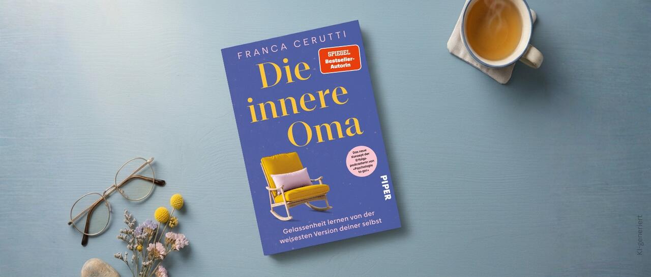 Auf einem hellblauen Tisch liegt das Buch „Die innere Oma“ von Franca Cerutti. Daneben stehen eine Tasse Tee, eine Brille und getrocknete Blumen.