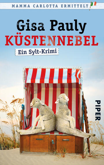 Das Buchcover zeigt einen bunten Strandkorb mit roten und weißen Streifen, in dem zwei aufrecht sitzende Schafe platziert sind. Der Hintergrund ist in sanften Blau- und Beigetönen gehalten und vermittelt eine maritime Atmosphäre. Oberhalb des Korbs steht in schwarz die Schrift „Gisa Pauly“, während darunter in kräftigem Rot „KÜSTENNEBEL“ hervorsticht. Darunter befindet sich in kleinerer Schrift „Ein Sylt-Krimi“ auf einem weißen Banner. Unten rechts ist das Verlagslogo „PIPER“ zu sehen.