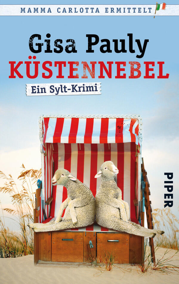 Das Buchcover zeigt einen bunten Strandkorb mit roten und weißen Streifen, in dem zwei aufrecht sitzende Schafe platziert sind. Der Hintergrund ist in sanften Blau- und Beigetönen gehalten und vermittelt eine maritime Atmosphäre. Oberhalb des Korbs steht in schwarz die Schrift „Gisa Pauly“, während darunter in kräftigem Rot „KÜSTENNEBEL“ hervorsticht. Darunter befindet sich in kleinerer Schrift „Ein Sylt-Krimi“ auf einem weißen Banner. Unten rechts ist das Verlagslogo „PIPER“ zu sehen.