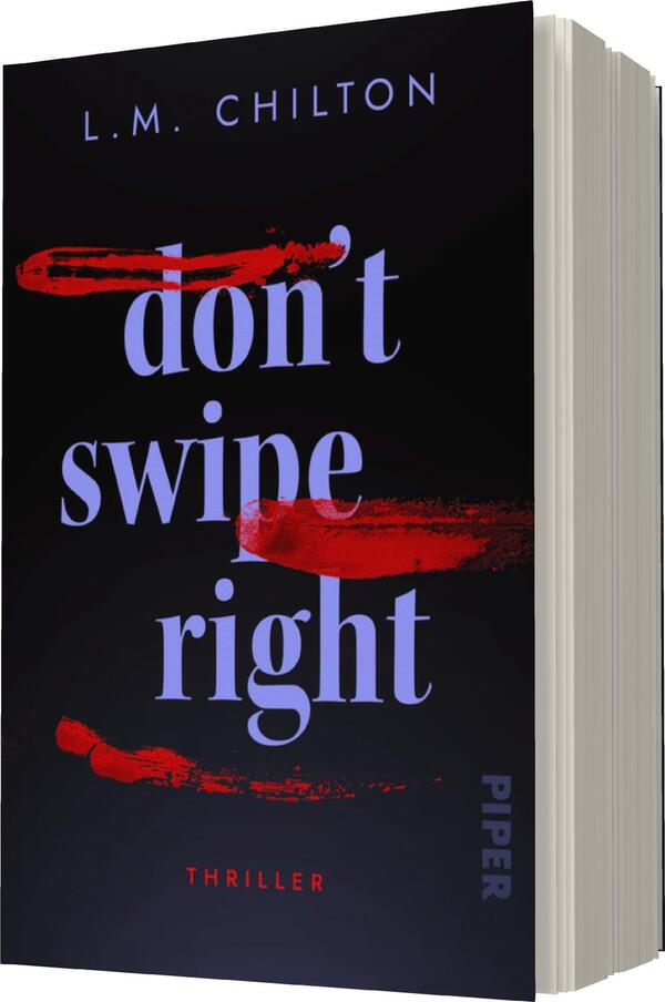 Das Buchcover zeigt einen dunklen Hintergrund, auf dem der Titel „don't swine right“ in großen, hellblauen Buchstaben hervorsticht. Rote, verlaufende Striche durchziehen den Titel und verleihen dem Cover eine dramatische Stimmung. Der Autorenname „L.M. Chilton“ steht oben in schlichter, weißer Schrift, während das Wort „THRILLER“ in kleinerer, weißer Schrift am unteren Rand platziert ist. Die gesamte Farbgebung und Typografie vermitteln eine Spannung und Intensität, die den Genrecharakter unterstreichen.