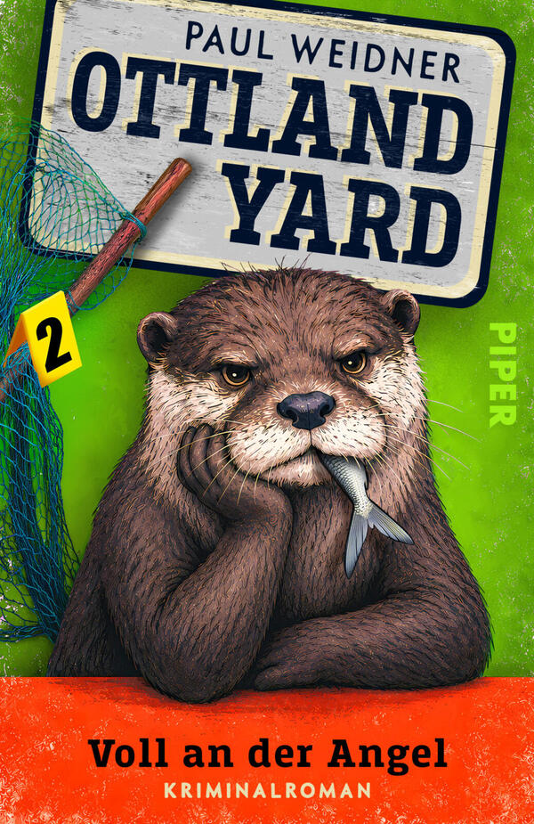 Das Buchcover zeigt eine braune Otterillustration, die mit verschmitztem Blick auf den Vorderpfoten liegt und einen kleinen Fisch im Maul hält. Im oberen Bereich ein weißes Schild mit dunkelblauer, fetter Versaltypografie „OTTLAND YARD“ und dem Autorennamen PAUL WEIDNER. Links ein Angelnetz und -griff, ein gelber Aufkleber mit der Ziffer 2. Hintergrund leuchtend grün, unten ein roter-oranger Balken mit dem Titel „Voll an der Angel“ und dem Zusatz „Kriminalroman“.