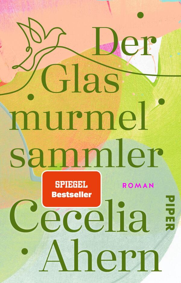 Das Buchcover zeigt einen bunten, abstrakten Hintergrund in sanften Farben wie Rosa, Grün und Beige. In der Mitte steht der Titel „Der Glasmurmelsammler“ in großer, grüner, verspielter Schrift. Darunter folgt der Autorenname „Cecelia Ahern“ in einer eleganten, schmalen Schrift. In einem roten Kästchen ist der Hinweis „SPIEGEL Bestseller“ platziert, gefolgt von der Bezeichnung „Roman“ in lila. Eine stilisierte Taube ist ebenfalls in das Design integriert, was eine poetische Atmosphäre vermittelt.