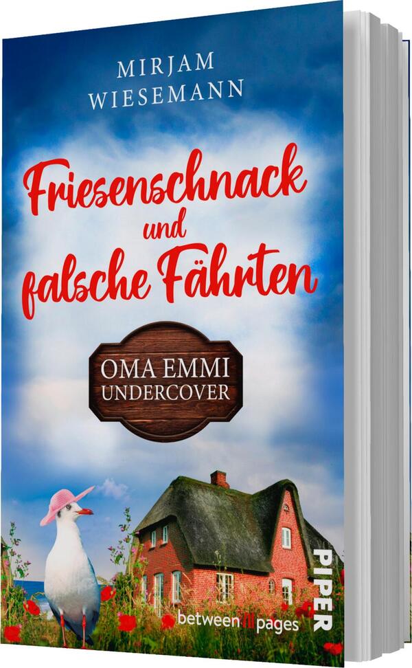 Das Buchcover zeigt einen hellblauen Himmel mit wenigen weißen Wolken, darüber steht in kräftigem Rot der Titel „Friesenschnack und falsche Fährten“. Unterhalb befindet sich der Text „OMA EMMI UNDERCOVER“ in einer schwarz umrandeten, ovalen Fläche. Der Hintergrund zeigt ein rotes, reetgedecktes Haus, umgeben von Wiese und Wasser. Im Vordergrund steht eine weiße Ente mit einem Hut, die der Szene eine humorvolle Note verleiht. Der Autorenname „Mirjam Wiesemann“ ist am oberen Rand platziert.