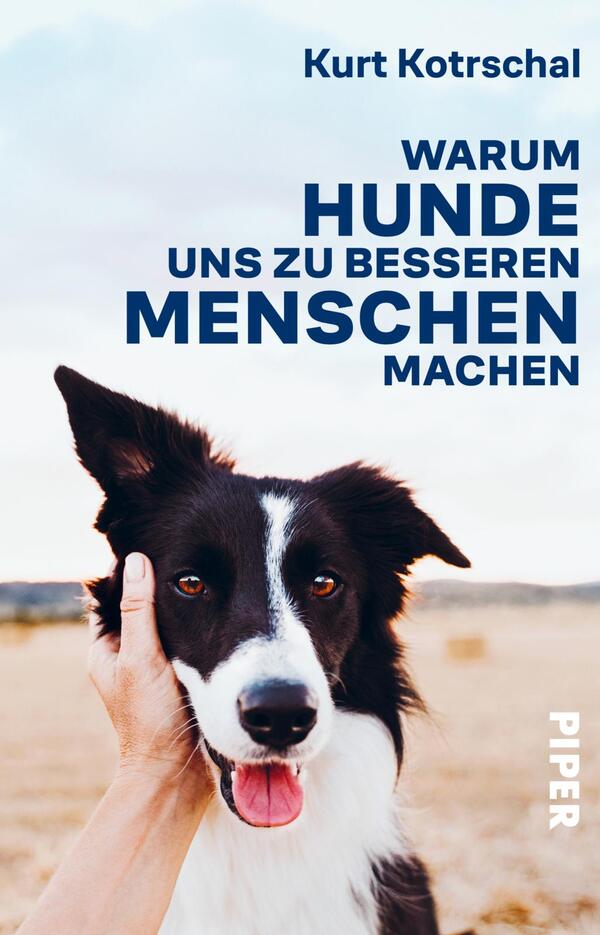 Das Buchcover zeigt ein Portrait eines Hundes, der einem Menschen zugewandt ist. Die Farbgestaltung ist hell und freundlich, mit einem sanften Hintergrund aus einem klaren Himmel und einem Feld. Der Titel „WARUM HUNDE UNS ZU BESSEREN MENSCHEN MACHEN“ ist in großen, blauen Buchstaben platziert. Darüber steht der Name des Autors „Kurt Kotschal“ in einer kleineren Schriftgröße. Die Atmosphäre des Covers vermittelt Wärme und Verbundenheit zwischen Mensch und Hund.