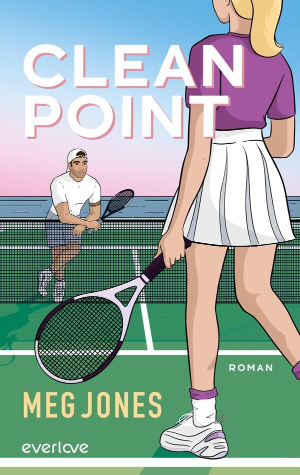 Das Buchcover zeigt zwei Tennis-Spieler auf einem Platz am Meer. Die Spieler sind stilisiert dargestellt: eine blonde Frau mit einem lilanen Oberteil und einem weißen Rock sowie ein Mann in einem weißen Outfit. Der Himmel ist in sanften Rosa- und Blautönen gehalten. Der Titel „CLEAN POINT“ ist in großen, weißen Buchstaben oben platziert, während der Autorenname „MEG JONES“ in kleinerer, schwarzer Schrift am unteren Rand zu finden ist.