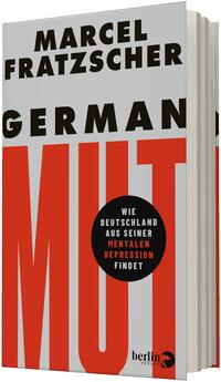 Das Buchcover zeigt ein großformatiges, zweifarbiges Layout in Hellgrau oben und kräftigem Rot unten. Oben steht der Autorname „Marcel Fratzscher“ in fetter, schwarzer Großschrift. Darunter der Titel „German Mut“ in sehr großen schwarzen und roten Blockbuchstaben, die „MUT“ dominierend in Rot. Mittig auf rotem Hintergrund ein schwarzer Kreis mit weißer und roter Schrift: „Wie Deutschland aus seiner mentalen Depression findet“. Verlagslogo nicht beschrieben.