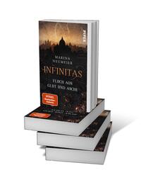 Bücherstapel des Buches „Infinitas – Fluch aus Glut und Asche“