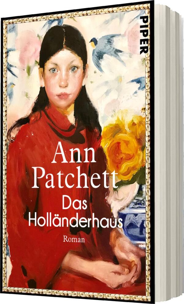 Das Buchcover zeigt ein Porträt eines Mädchens mit langen, dunklen Haaren, das in einem leuchtend roten Kleid gekleidet ist. Der Hintergrund ist sanft mit Blumen und Vögeln gestaltet, was eine lebendige und künstlerische Atmosphäre erzeugt. Der Titel „Das Holländerhaus“ von Ann Patchett ist in großen, weißen Buchstaben deutlich lesbar, während der Verweis auf das Genre „Roman“ in kleinerer Schrift darunter platziert ist. Die Farbpalette umfasst warme Rottöne und sanfte Pastellnuancen.