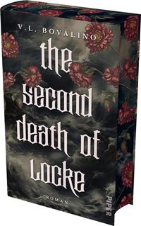 Das Buchcover zeigt einen dunklen, stürmischen Hintergrund mit grauen Wolken und einem geheimnisvollen, fast unheimlichen Ambiente. Im Vordergrund befinden sich stilisierte rote Blumen, die einen starken Kontrast zur unruhigen Szenerie bilden. Der Titel „the second death of Locke“ ist in einer eleganten, geschwungenen Schrift in hellen Farben gehalten, während der Autorenname V. L. Bovalino und das Wort „Roman“ in schlichter, klarer Schrift am oberen Rand plaziert sind.