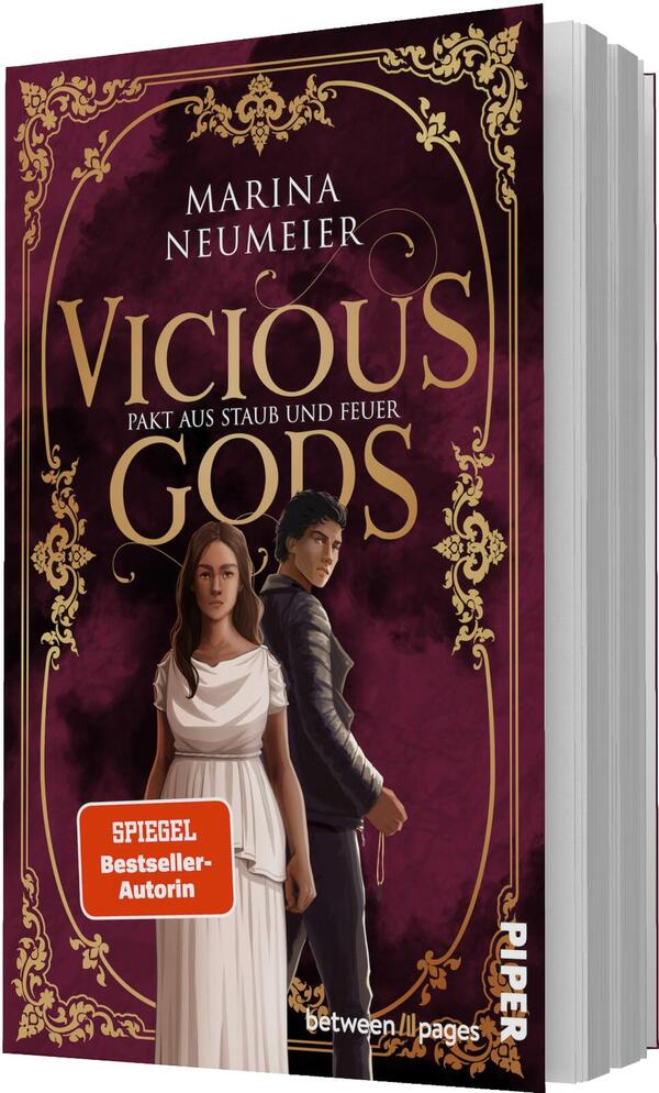 Das Buchcover zeigt zwei Figuren vor einem dunkelbordeauxfarbenen, wolkigen Hintergrund mit vergoldeten, ornamentalen Rahmenelementen; vorne eine junge Frau in weißer, antik anmutender Robe, hinten ein Mann in dunkler Kleidung mit ernstem Blick, Rücken leicht gedreht. Titel „VICIOUS GODS“ in großen goldenen Serifbuchstaben, darunter der Untertitel „Pakt aus Staub und Feuer“, Autorin Marina Neumeier oben in Weiß; insgesamt dramatisch-mythische Atmosphäre.