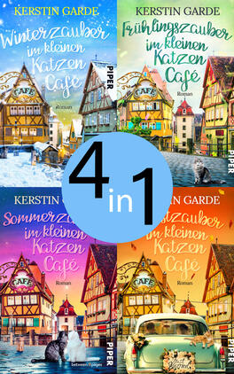 Bundle: Das kleine Katzencafe im Lauf der Jahreszeiten Das Buchcover zeigt eine vierteilige Anordnung mit je einem Titelbild des kleinen, malerischen Katzen-Cafés in unterschiedlichen Jahreszeiten — Winter (blau), Frühling (hellgrün), Sommer (rosa‑violett) und Herbst (orange) — mit Fachwerkhäusern, Wasserreflexionen, Katzen und einer alten Limousine. Die Gesamtwirkung ist gemütlich und nostalgisch. Titel erscheinen in verspielter, handschriftlicher Typografie, der Autorenname „Kerstin Garde“ oben in Großbuchstaben. Mittig ein großer blauer Kreis mit dem schwarzen Text „4 in 1“.