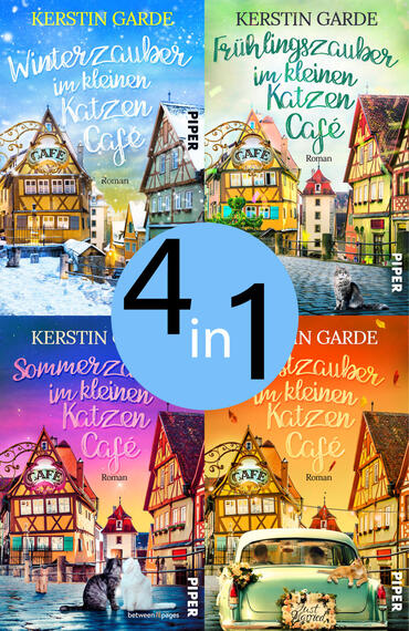 Das Buchcover zeigt eine vierteilige Anordnung mit je einem Titelbild des kleinen, malerischen Katzen-Cafés in unterschiedlichen Jahreszeiten — Winter (blau), Frühling (hellgrün), Sommer (rosa‑violett) und Herbst (orange) — mit Fachwerkhäusern, Wasserreflexionen, Katzen und einer alten Limousine. Die Gesamtwirkung ist gemütlich und nostalgisch. Titel erscheinen in verspielter, handschriftlicher Typografie, der Autorenname „Kerstin Garde“ oben in Großbuchstaben. Mittig ein großer blauer Kreis mit dem schwarzen Text „4 in 1“.